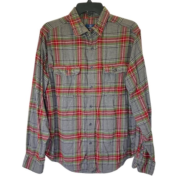 GEORGE Men's Size Large Red Gray Green Plaid flannel button up long sleeve shirt - Picture 1 of 5